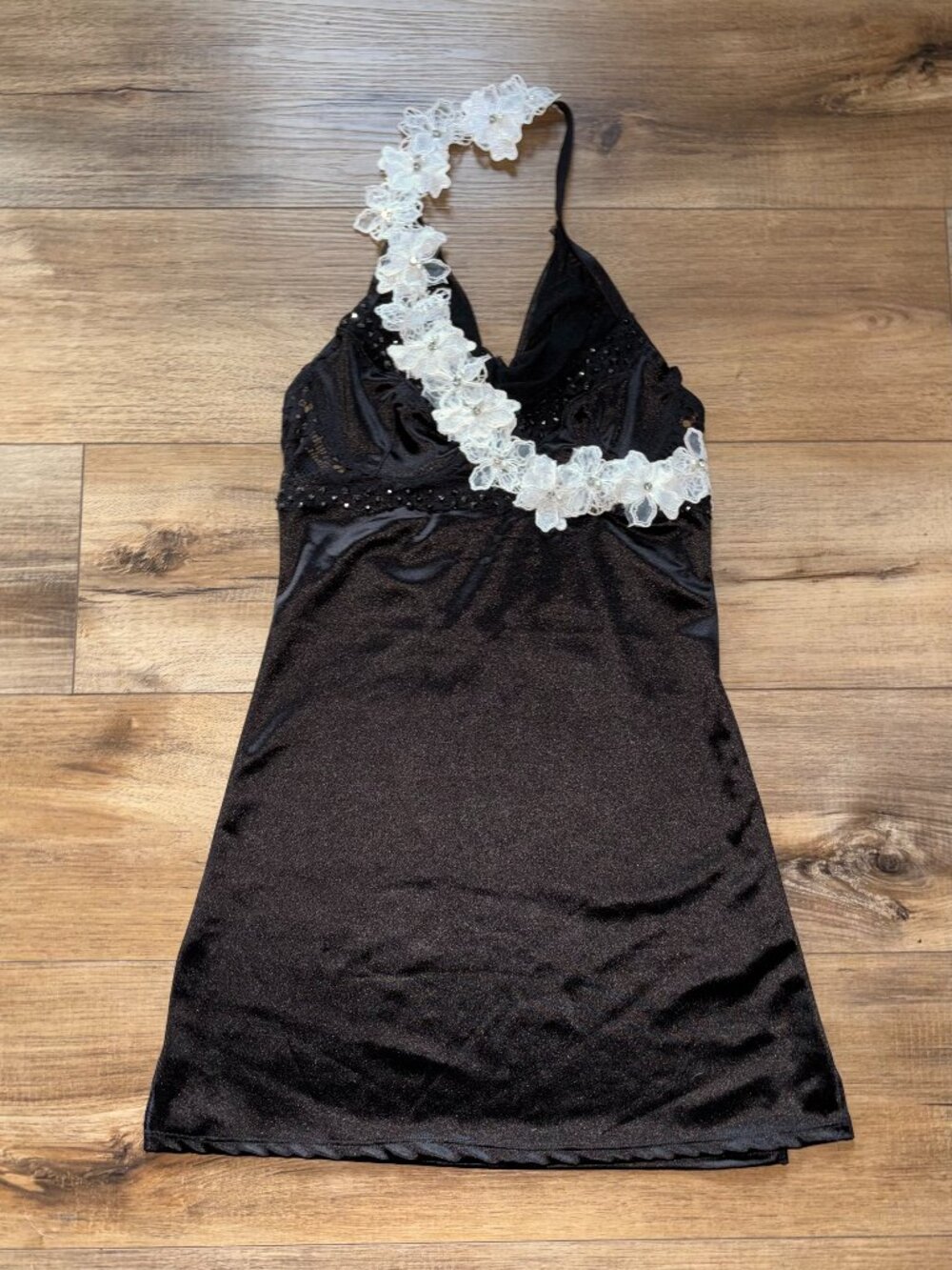 Black Satin Halter Lyrical Dance Costume Dress White Floral Appliqué Stones LC